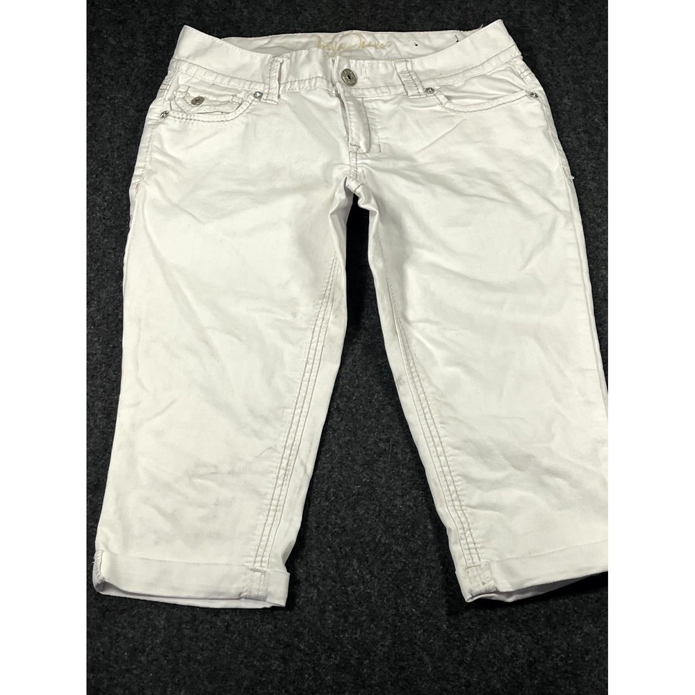 Y2K Ariya Capri Jeans Womens 7/8 White Cotton Embellished Pockets Cuffed Hem